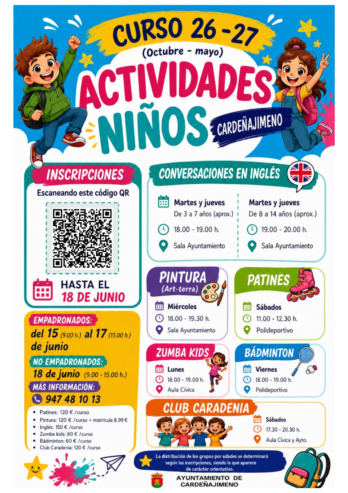 ACTIVIDADES NIÑOS CARDEÑAJIMENO 2026-2027. PLAZO DE INSCRIPCIÓN DESDE EL LUNES 15 DE JUNIO A LAS 9:00